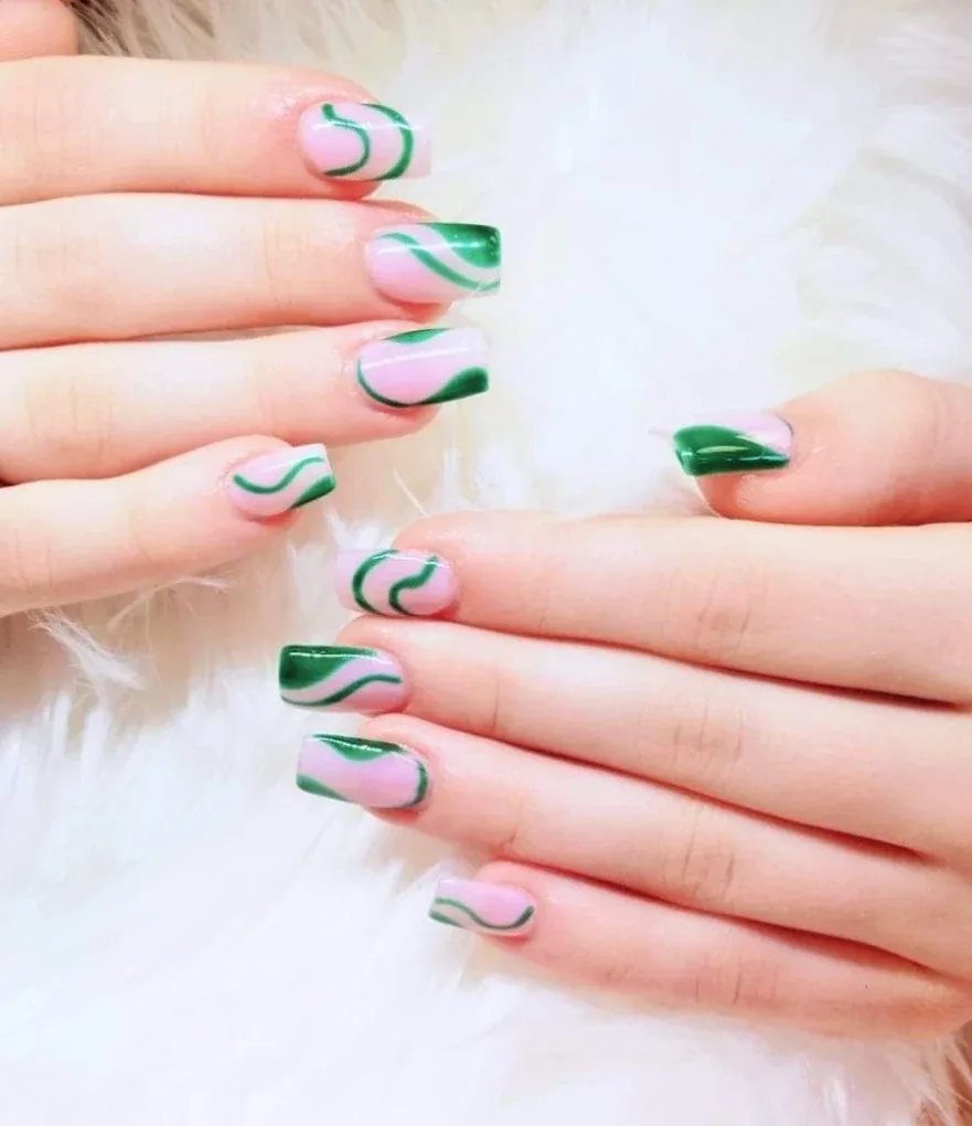 Pink and green nail art by Mickey Nails