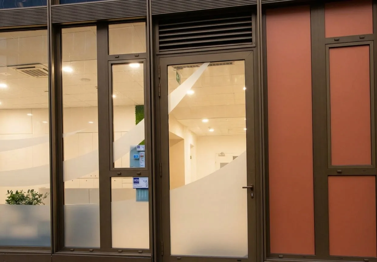The glass entrance of a physiotherapy clinic