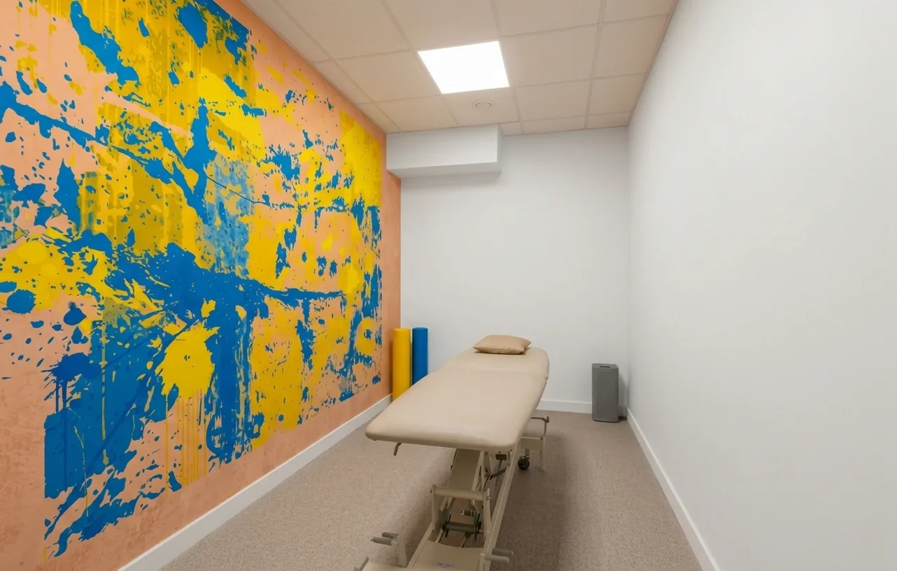 A treatment table in a physiotherapy room with a blue and yellow mural